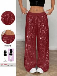 SHEIN Tall CURVE 大码女式纯色弹力腰阔腿亮片宽松裤 - 紅色 - 查看 1