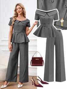 Ellevyn Bộ đồ 2 món thanh lịch dành cho nữ cỡ lớn: áo sơ mi tay ngắn hai hàng cúc màu trơn và quần ống rộng. - Xám - Xem 9
