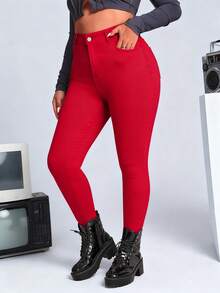 SHEIN ICON Plus Size Solid Color Versatile Slant Pocket Skinny Jeans - Red - View 1