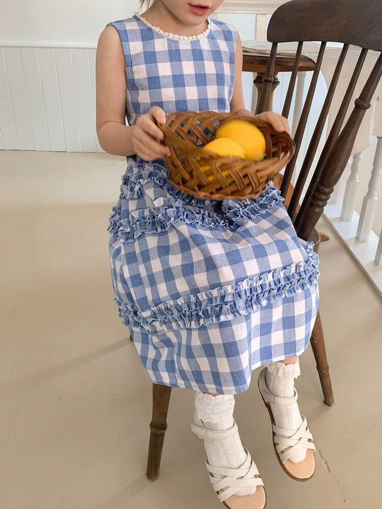 Young Girl Plaid Round Neck Layered Frill Trim Casual Sleeveless Dress Summer