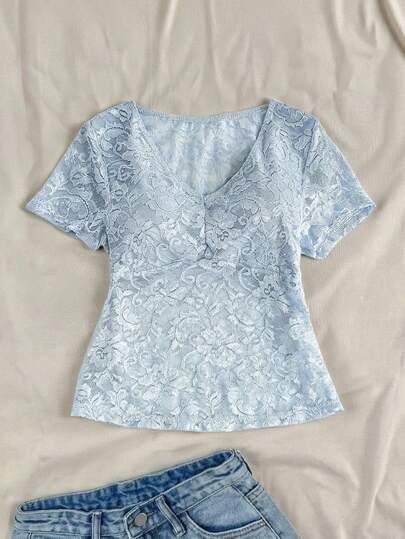 SHEIN Tween Girl Casual Fitted Sweet Cute Lace V-Neck Front Ruched Semi-Sheer Lace Blouse, Preppy Style, Elegant Short Sleeve Lace Top Light Blue Top V Neck Top Short Sleeve Top