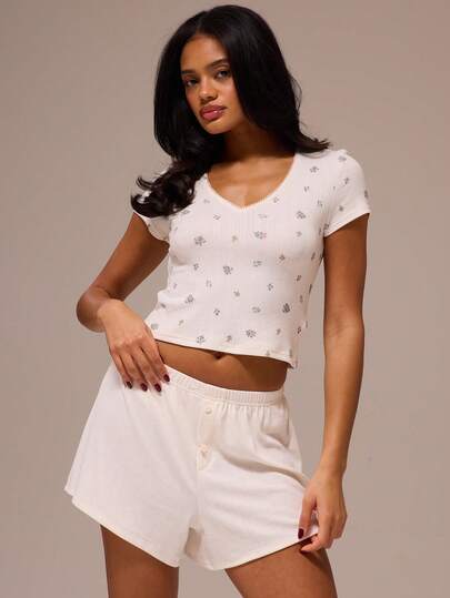 MUSERA ESSENTIALS V Neck Ditsy Floral Printed Pointelle Shortsleeve Top Spring Winter Cosy Cute Daily Girly Lounge Essential