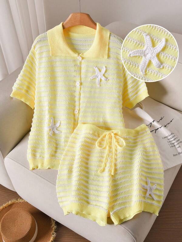 CosyJoli Plus Size Fashionable Minimalist Hollow Out Knitted Starfish Short Sleeve Cardigan And Shorts Set