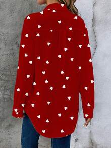 EMERY ROSE Women's Casual All-Match Long Sleeve Shirt With Allover Heart Print On Red Background, Versatile Style Suitable For Spring/Summer - Multicolor - View 2