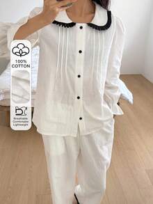 DAZY 白色优雅撞色褶皱彼得潘领女士睡衣套装 - 白色 - 查看 3