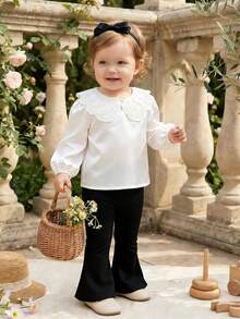 SHEIN Baby Girl Embroidered Peter Pan Collar Long Sleeve Cute Top - White - View 1