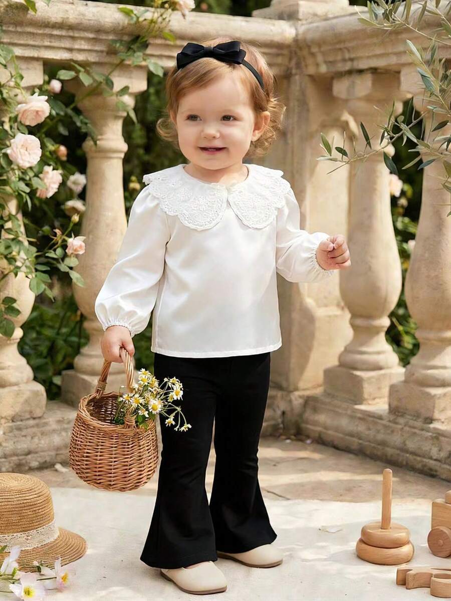 SHEIN Baby Girl Embroidered Peter Pan Collar Long Sleeve Cute Top - White - View 1
