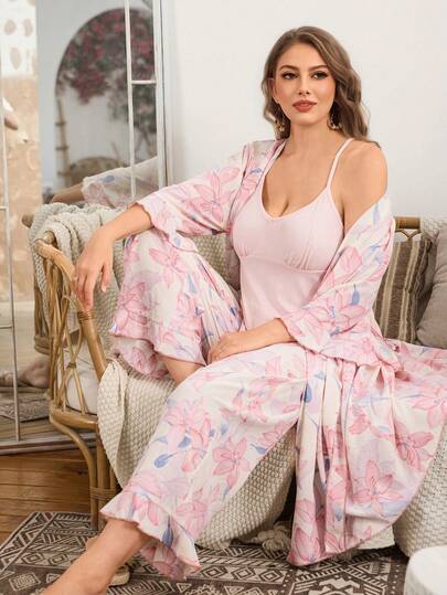SHEIN 3pcs Plus Size Women Floral Print Camisole, Pants And Robe Set, Vacation Style