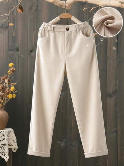 Linhara Plus Size Women's Casual Solid Color Corduroy Pocket Pants, Suitable For Multiple Occasions