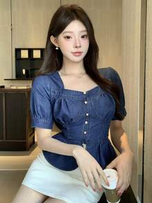 DAZY Women's Sweetheart Collar Short Puff Sleeve Button Design Ruffle Hem Denim Blouse - Blue - View 9