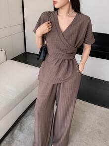 DAZY Women's Casual, Office, Commute Surplice Neck Wrap Fitted Top And Wide Leg Pants 2 Pieces Set, Spring/Summer/Autumn - Coffee Brown - View 2