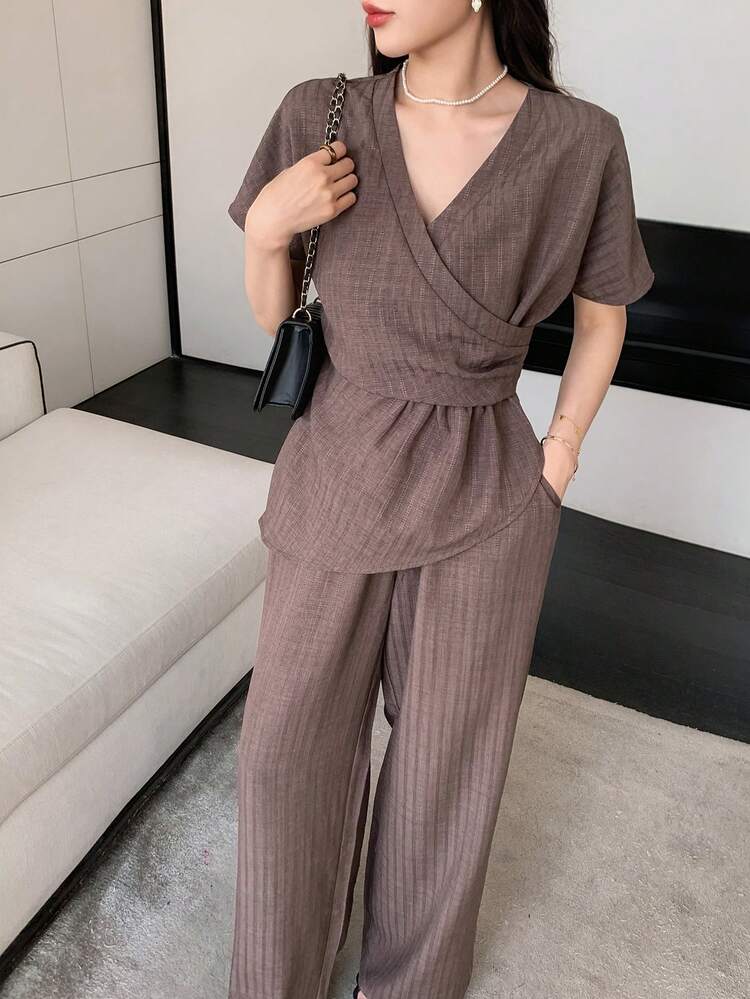 Women's Casual, Office, Commute Surplice Neck Wrap Fitted Top And Wide Leg Pants 2 Pieces Set, Spring/Summer/Autumn