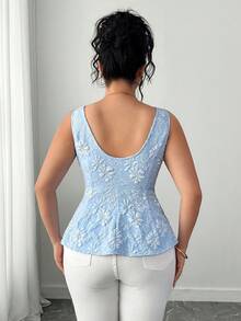 Elenzga Áo kiểu không tay hở lưng xếp nếp dành cho nữ cỡ lớn Elenzya, kiểu dáng thời trang, thanh lịch, cổ điển hiện đại, chất liệu vải jacquard dệt họa tiết. - Màu xanh lam - Xem 3