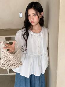 DAZY 少女休闲纯色泡泡袖长袖上衣 - 白色 - 查看 5