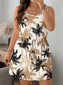 EMERY ROSE 大码休闲简约椰树印花长连衣裙，适合外出、度假穿着，时尚百搭。 - 彩色 - 查看 1