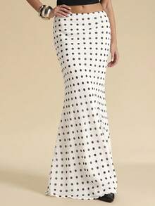 SHEIN BAE 女士波点低腰鱼尾薄纱长裙，夏季波点裙，薄纱长裙，优雅裙装，波点裙 - 白色 - 查看 5