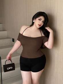 Vibekara 大码女式纯色露肩系带镂空性感百搭约会之夜短袖T恤 - 咖啡棕 - 查看 6