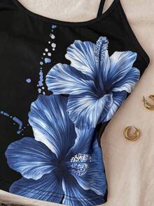 少女休闲度假风黑色底蓝色花卉印花吊带衫 - 黑色 - 查看 4