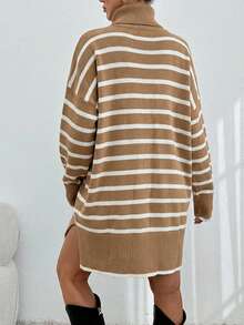 EURMUSE Women Blue And White Striped Knit Design Knit Dress With Zipper Detail Brunch Autumn French Casual - Camel - View 4