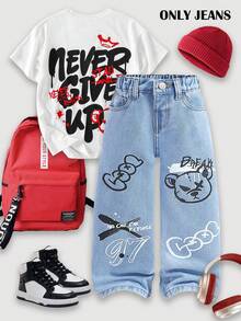 泰迪熊涂鸦图案蓝色宽松牛仔裤