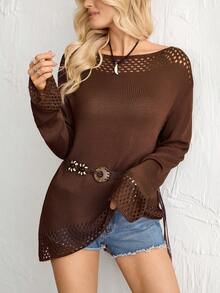 Florisole Casual Loose Crew Neck Long Sleeve Knit Hollow Splice Tassel Hem Pullover Sweater, Spring/Summer - Brown - View 1