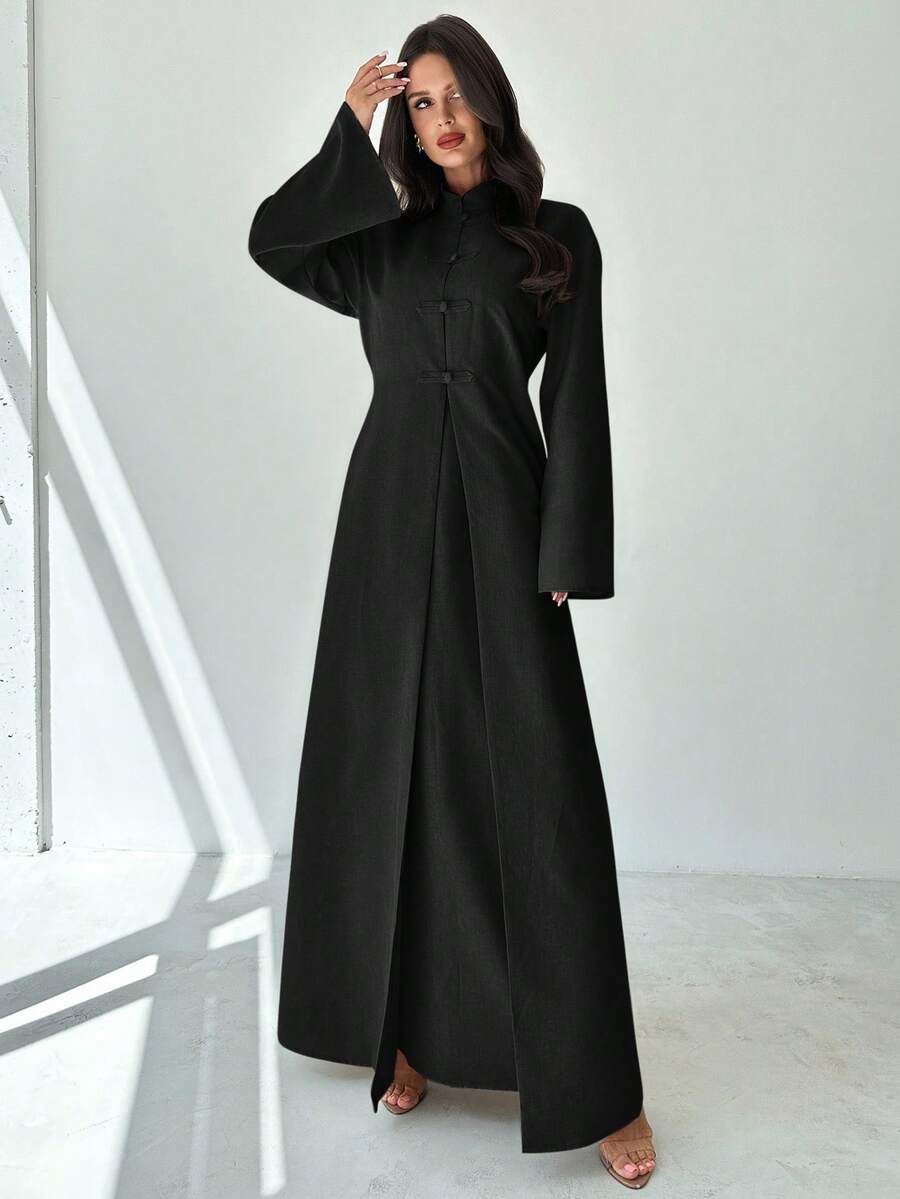 Firerie Women Black Casual Plain Maxi Two Piece Outfit With Stand Collar Long Black Elegant Dress Black Abaya - Black - View 1