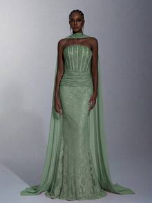 Elitara Elegant Luxurious Stretchy Lace Bustier Shaping Corset,Rhinestone Embellished Sweetheart Neckline,Waist Ruching&Fishtail Hem For Weddings&Parties - Olive Green - View 5