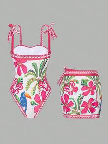 Swim Oasis New Printed Fashion Women Swimsuit Set, Halter Thick Strap One-Piece Swimsuit With Waist Tie Skirt, Suitable For Vacation & Beach - Multicolor - View 8