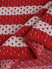 GALLERY FADE Contrast Stripe Hollow-Out Button Front Knit Sweater, Short Sleeve - Red - View 8