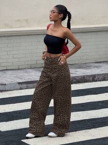 DAZY Quần jeans ống rộng dáng suông họa tiết da báo thời trang nữ phong cách Y2K - Cà phê nâu - Xem 5