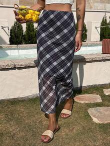 DAZY Women's Casual Plaid Long Skirt, Summer - Dark Grey - View 3