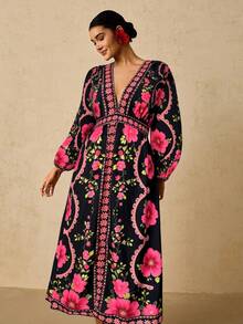 Travachic Plus Size Women's Black & Red Floral Print Maxi Dress, V-Neck Long Sleeve Long Dress, Autumn Dress - Pink - View 1