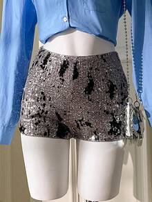 SHEIN Unity Women's Silver Sequin Summer Shorts,Seductive Night Out Gray & Black Velvet Elastic Waist Shiny Chic Elegant Party Urban Commute Workplace Office - Dark Grey - View 4