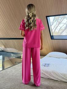 Contrast Trim Lapel Cardigan Women Pajama Set - Hot Pink - View 2