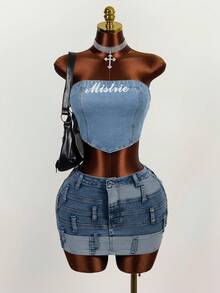 Women's Fashionable Street Letter Graphic Cropped Denim Camisole Top, Summer - Blue - View 5