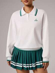 CourtClass 休闲百搭撞色纽扣长袖POLO领高尔夫球衫，饰有绿色字母印花 - 彩色 - 查看 3