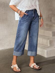 EMERY ROSE Women's Casual Versatile Solid Color Cropped Jeans With Slant Pockets - Blue - View 9