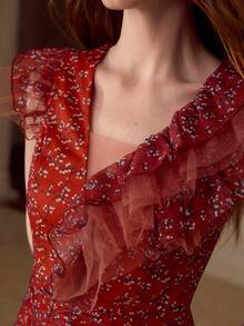 MOTF PREMIUM 女士网纱印花荷叶边连衣裙，春夏款 - 橘色 - 查看 2