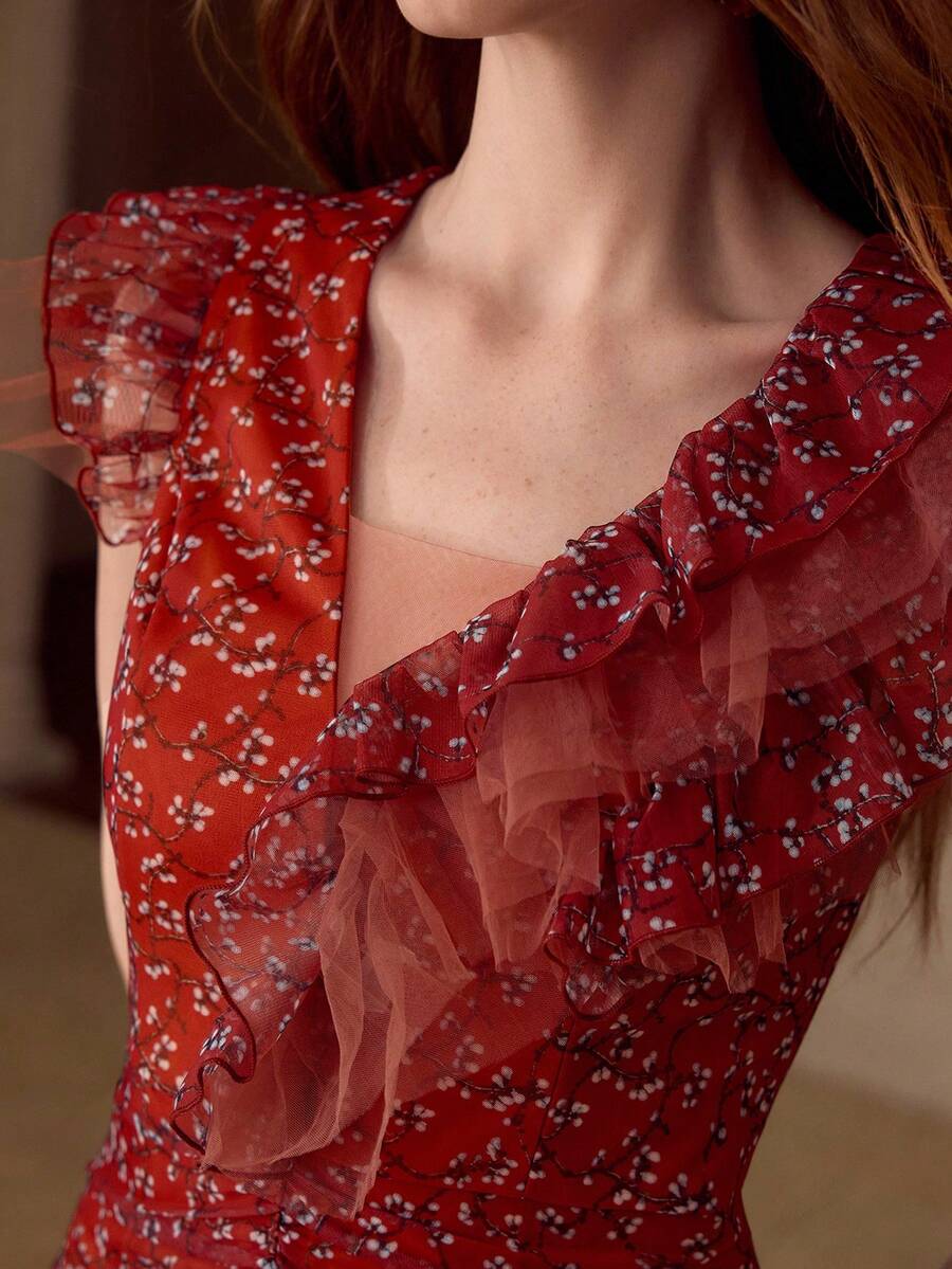 MOTF PREMIUM Đầm nữ lưới in hoa, viền bèo nhún, mùa xuân/hè - trái cam - Xem 2