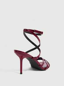 CUCCOO SZL Sandálias femininas de salto alto com múltiplas tiras cruzadas, bico redondo e salto fino. Fecho com cadarço e tiras para o dia a dia. Estilo casual e elegante. - Borgonha - Ver 9