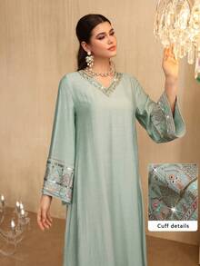 Al Najma 时尚V领花卉蕾丝喇叭袖连衣裙，春夏款 - 薄荷綠 - 查看 4