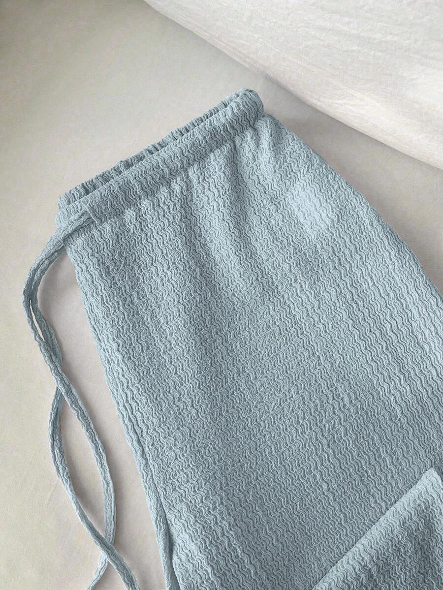 Flirla Women's Casual Blue Knitted Straight Leg Pants With Drawstring Extra Long For Everyday Wear - Blue - View 1