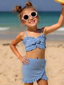 3 件套女童夏季海滩度假泳衣套装，可爱荷叶边纯色浅蓝色特殊面料 - 藍色 - 查看 7