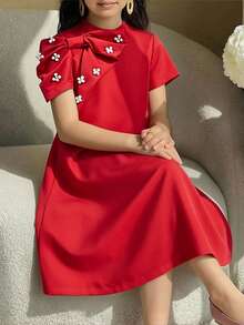 SHEIN Tween Girl Spring/Summer Casual Elegant One-Piece Beaded Bow Stand Collar Puff Short Sleeve Straight Dress Red Tween Girl - Red - View 6