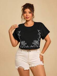 Travachic 大码女式黑色圆领短袖露脐T恤，花卉刺绣T恤，适合春夏假期海滩休闲穿着。 - 黑色 - 查看 4