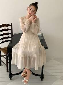 DAZY 少女优雅撞色蕾丝网纱灯笼袖连衣裙，秋季 - 杏色 - 查看 6