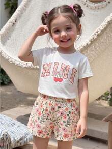 2件套，适合4-7岁女童，花朵樱花字母印花圆领短袖T恤+樱花短裤，轻薄面料，可爱花朵短袖短裤套装，休闲夏季装扮 - 彩色 - 查看 3