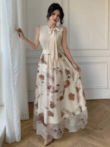 Bộ đồ 2 món thanh lịch dành cho nữ: Áo sơ mi cổ nơ buộc dây màu mơ và chân váy organza in họa tiết. - Màu be - Xem 5