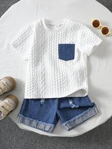 Young Boys Summer White Casual Knit Patchwork Denim Pocket T-Shirt And Denim Shorts Set, Minimalist Fashion Style, Suitable For Outings, Leisure At Home, And Daily Wear - White - View 1