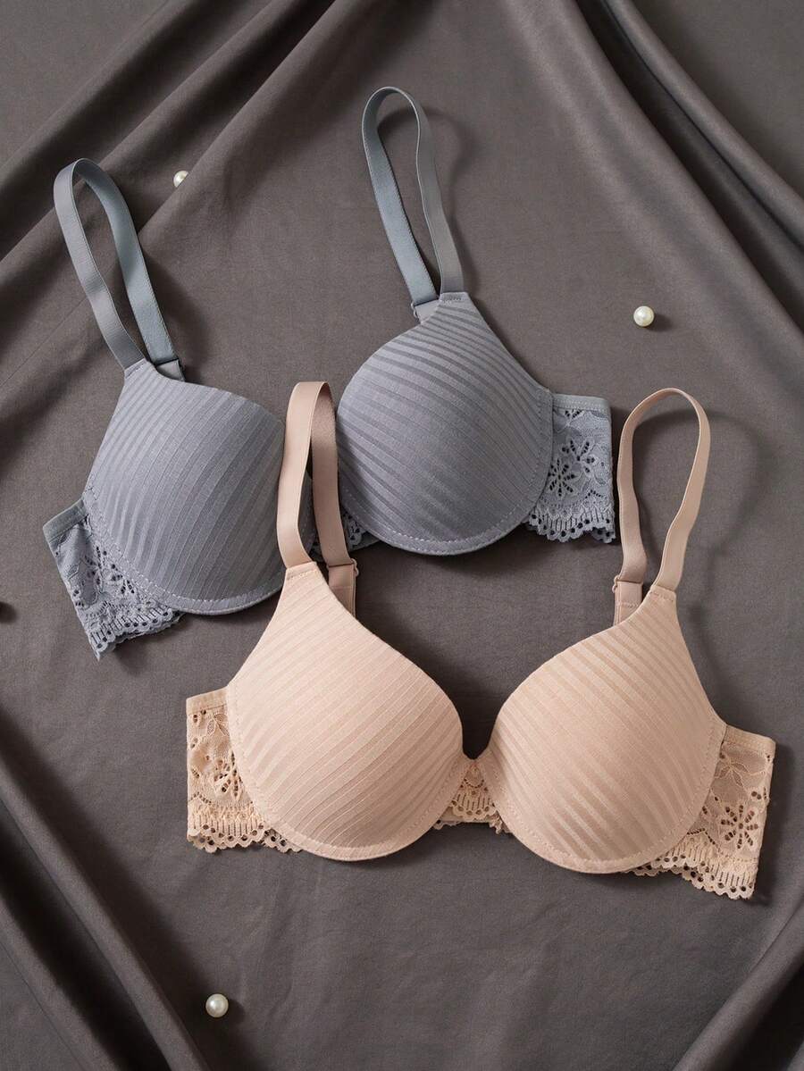 SHEIN 2件套女士蕾丝拼接文胸套装 - 彩色 - 查看 1